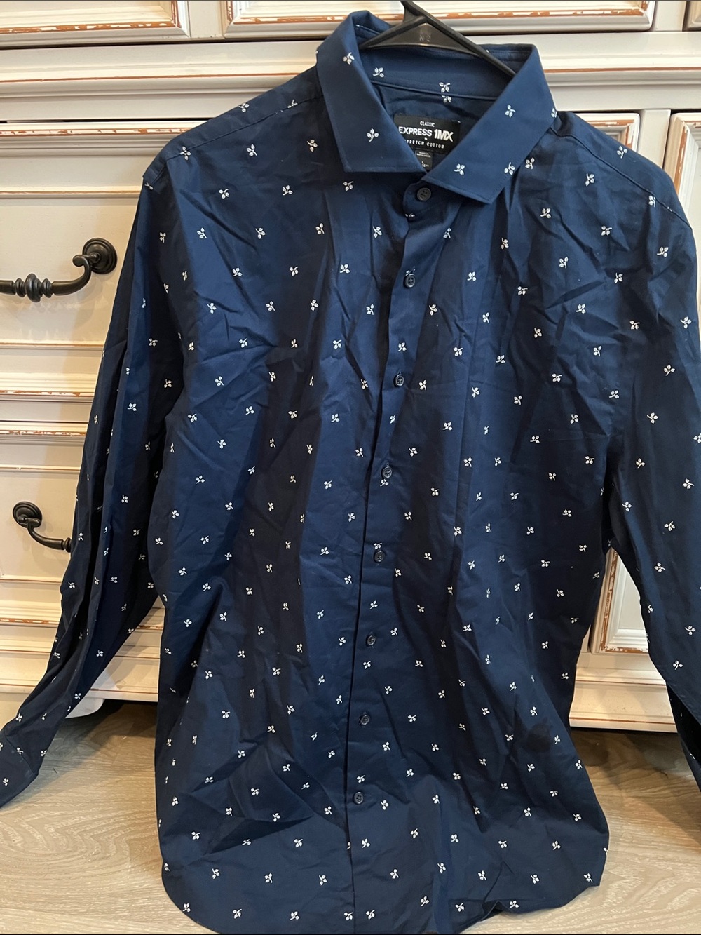 Express Men’s Navy Blue Button-Up Shirt with White Micro Motif